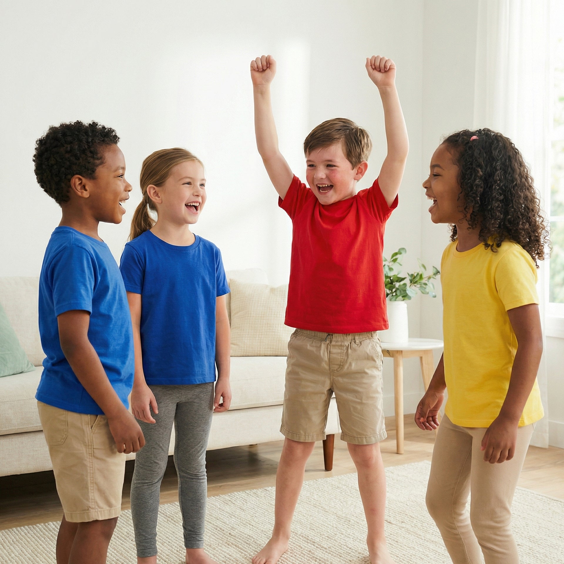 Four children in colorful shirts standing in a living room with one child raising their arms.